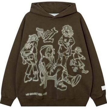 Dark Brown Oversized Pullover Hoodie with Character Sketch Graphic