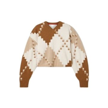 Cream Tan Brown Geometric Diamond Pattern Cropped V-Neck Sweater